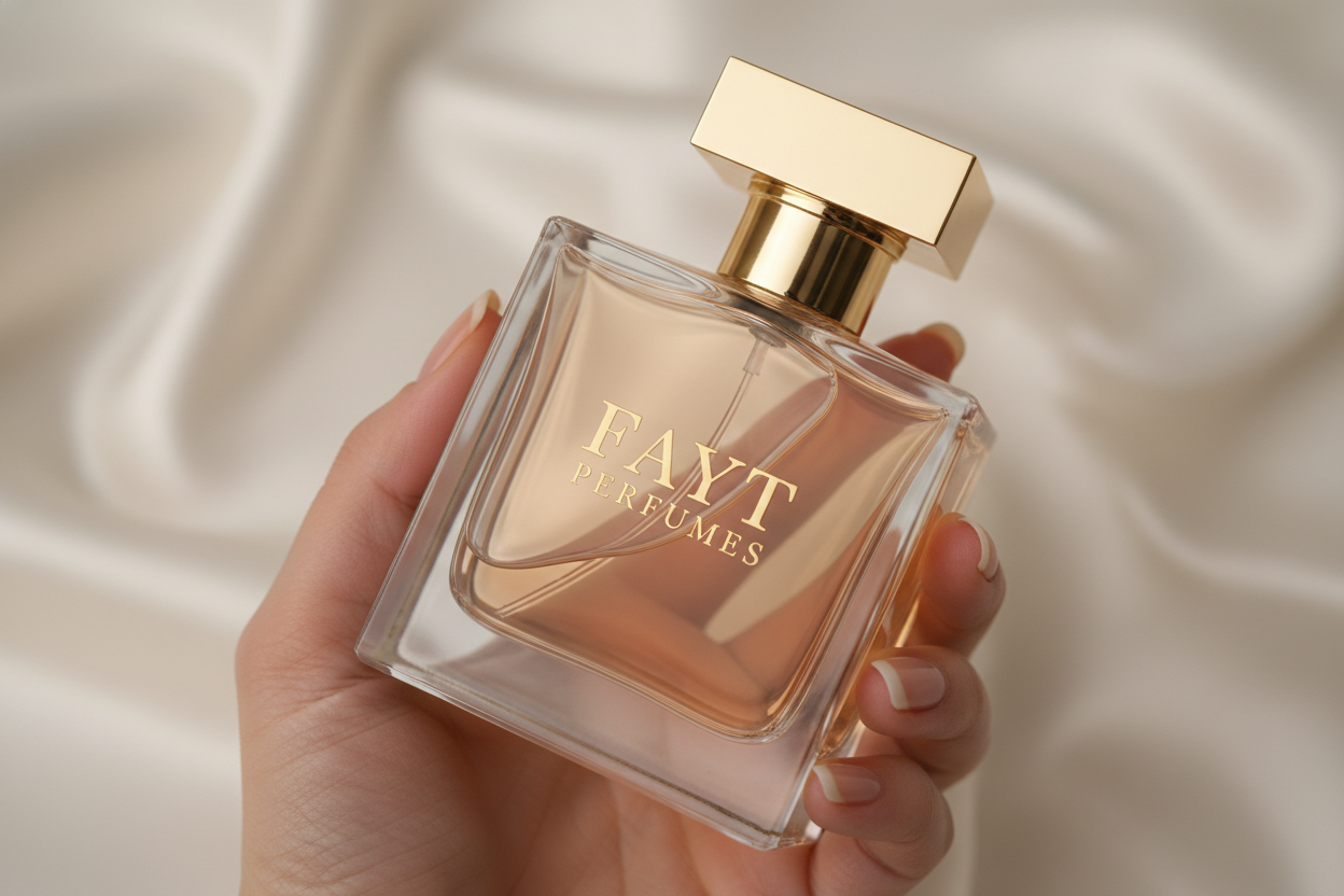 a person holding a perfume nottle with a name fayt perfumes